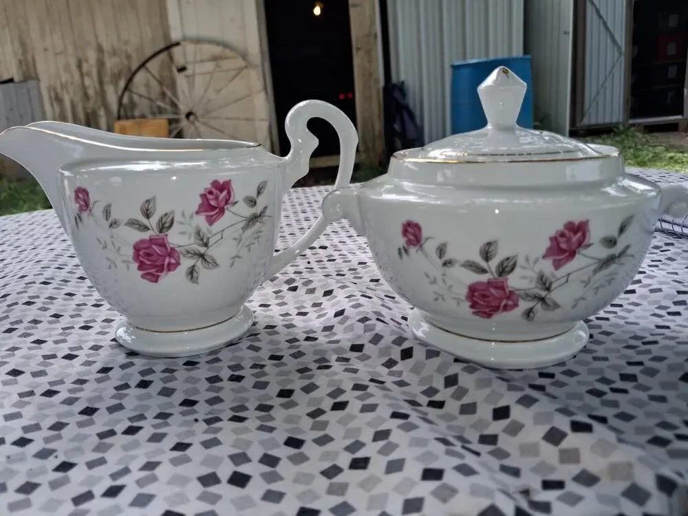 Fine China Cream Creamer and Sugar Set Pink Roses - Gold Trim